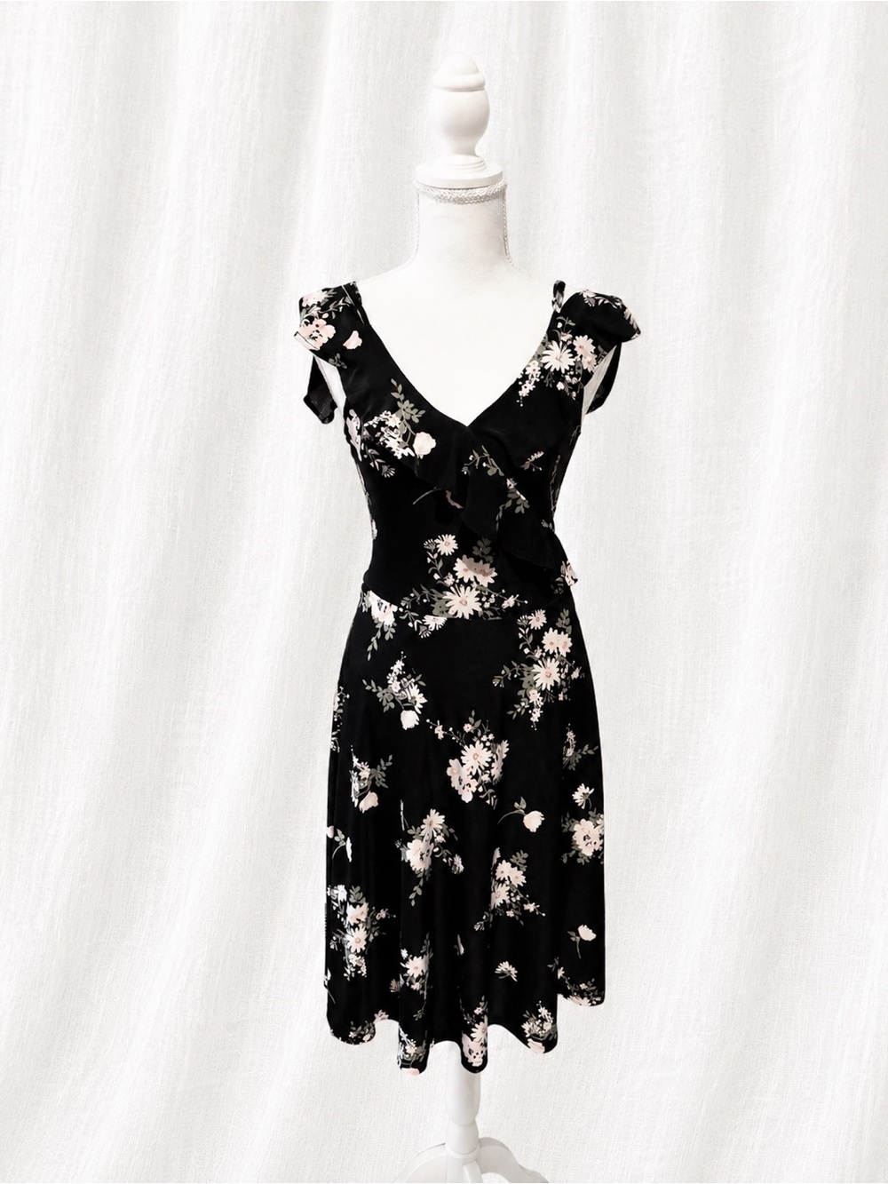 Streetwear Society Black Floral Midi Dress with Pink Blooms
